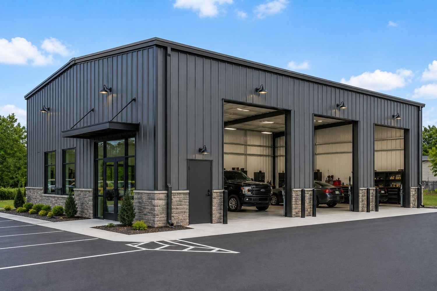 Black two-storey steel shop with open bay doors near Brandon, Manitoba